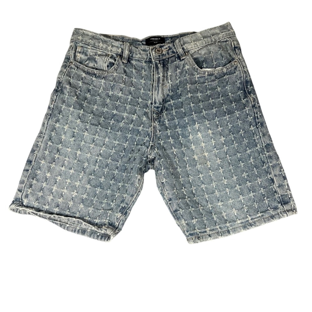 Forever 21 Slim Mens Denim Shorts Light Wash Distressed Cross‎ Pattern Size 32